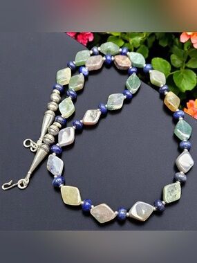 Sterling NAVAJO Pearls Lapis Indian Agate Bench Beads Necklace VTG Silver 19"